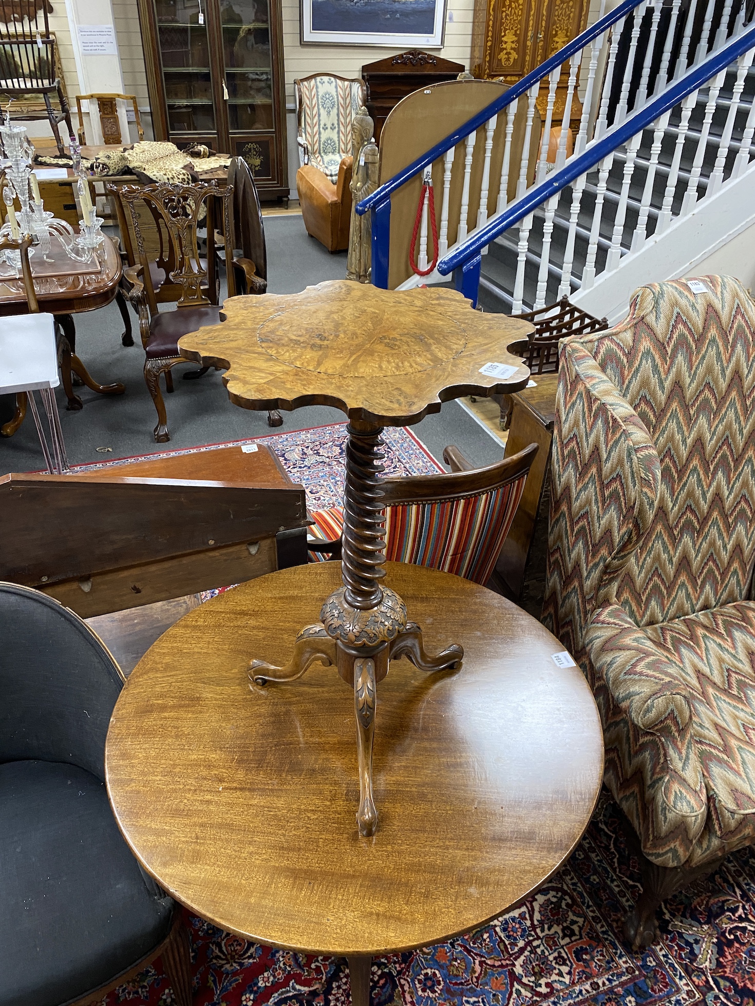 A Victorian walnut circular tripod wine table, width 47cm, height 72cm